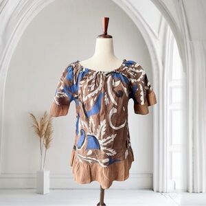 Terzo Millenio 100% Linen Brown Floral Blouse. Made in Italy